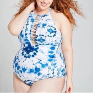 Plus Size Blue Tie-Dye Halter One-Piece Swimsuit
